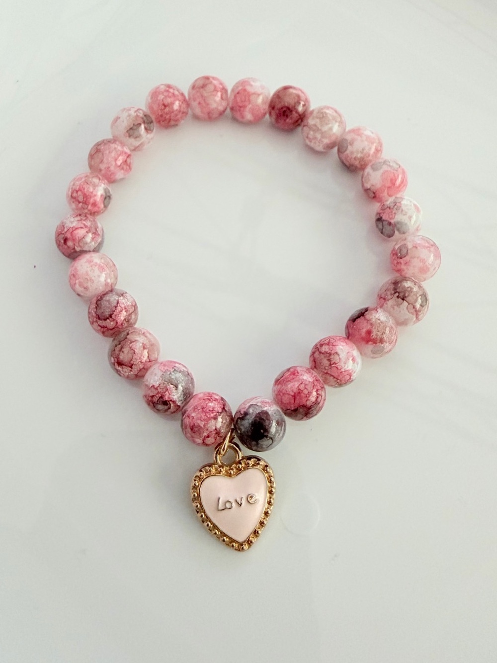 Pink Marbled Bead Bracelet with Gold Heart 'Love' Charm